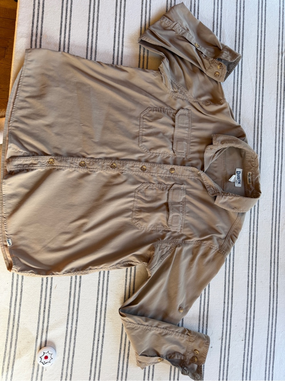 Duluth Trading Co Tan Long-Sleeve Button-Down Work Shirt, stretchy, cooling Lg.